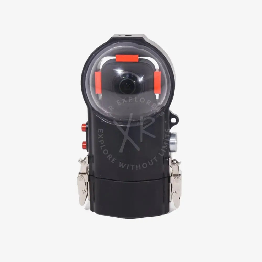 Black waterproof insta360 one x3 housing with clear dome cover and orange accent buttons for action cameras