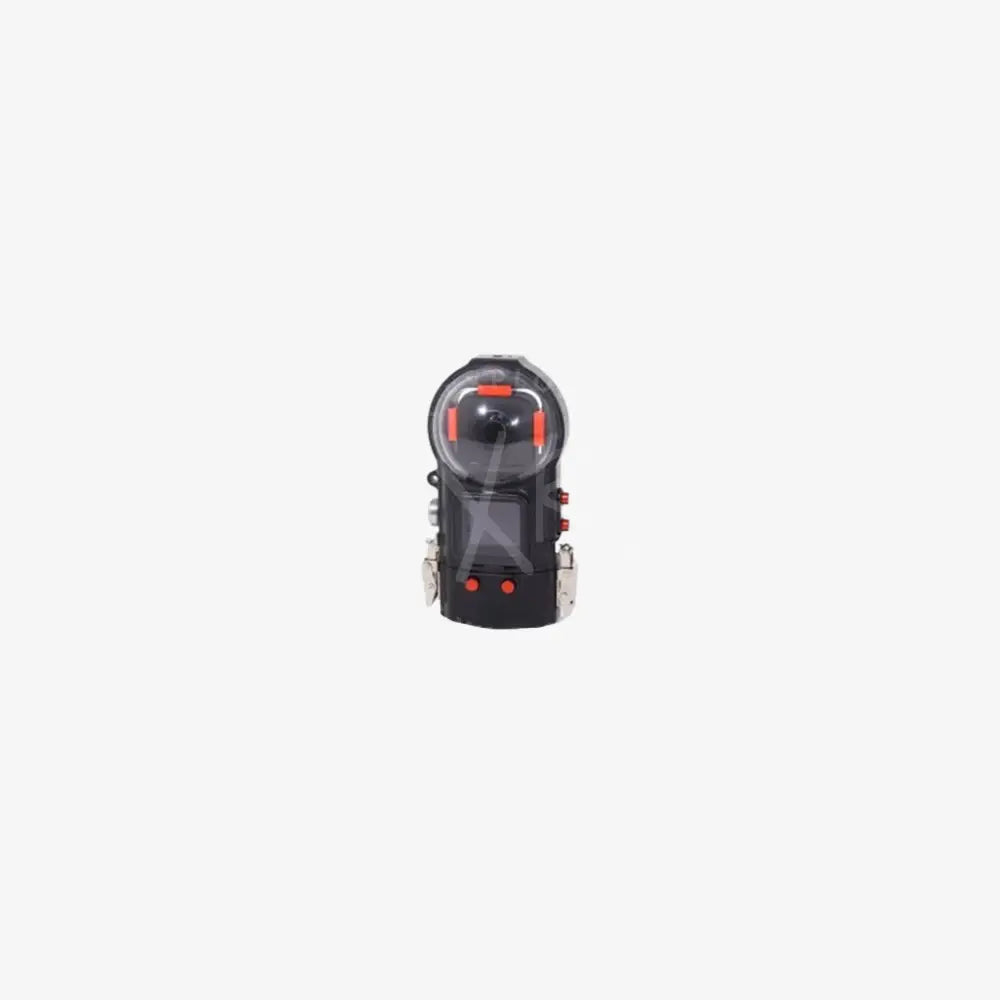 Black and red handheld laser level with circular transparent lens digital display and two orange buttons for insta360 one x3 housing