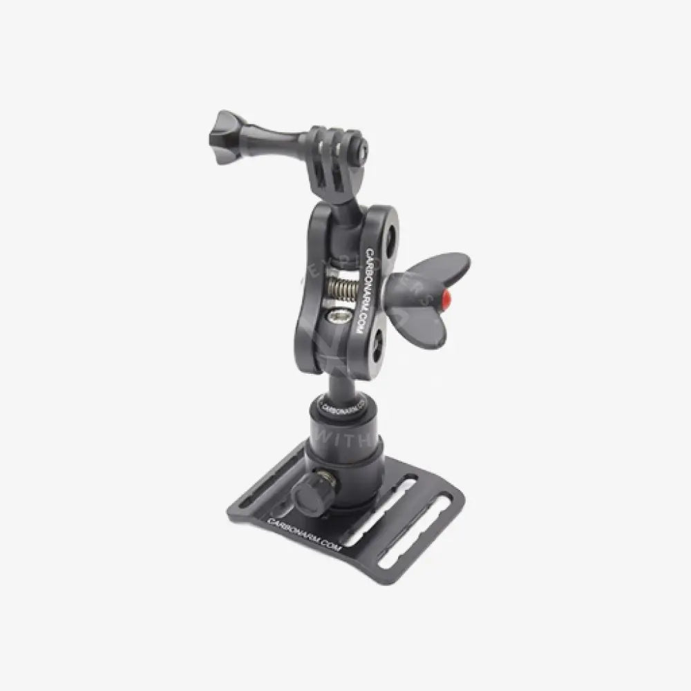 Black carbon fiber gopro mount with adjustable arm and red tipped twist knob kit buckle with quick release