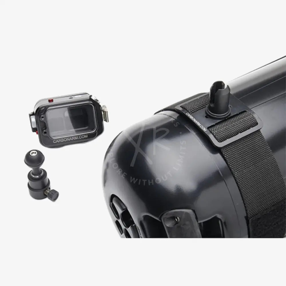 Black carbon fiber dive camera housing kit buckle with quick release strap and mounting accessories visible from the back side