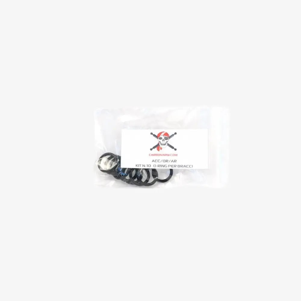 Kit o-ring for arms featuring black d-ring hardware set in clear plastic bag with pirate skull logo label