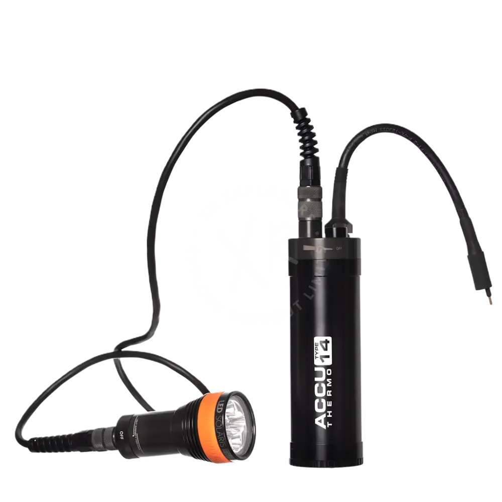 Black and orange accuthermo type 14 underwater torch system with flexible cables in led solaris nextgen kit