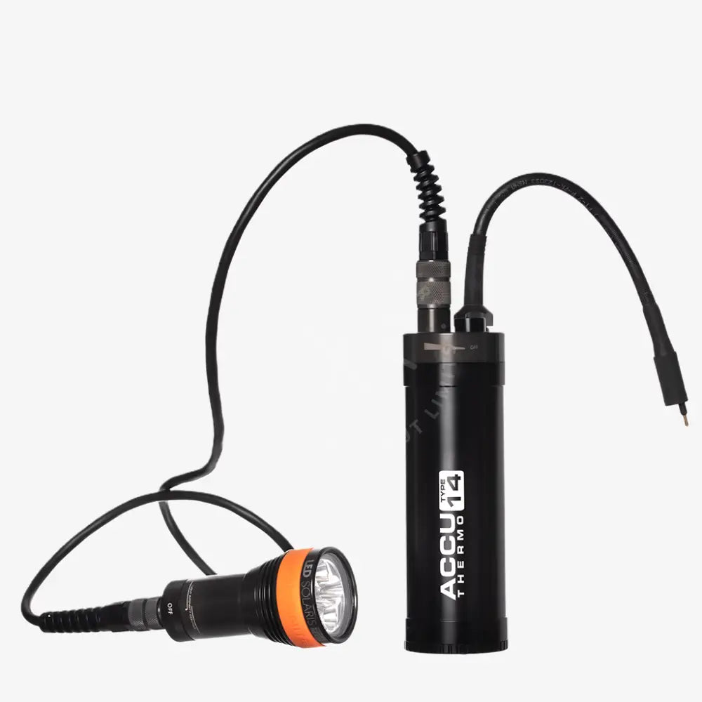 Black and orange accuthermo type 14 underwater torch system with flexible cables in led solaris nextgen kit