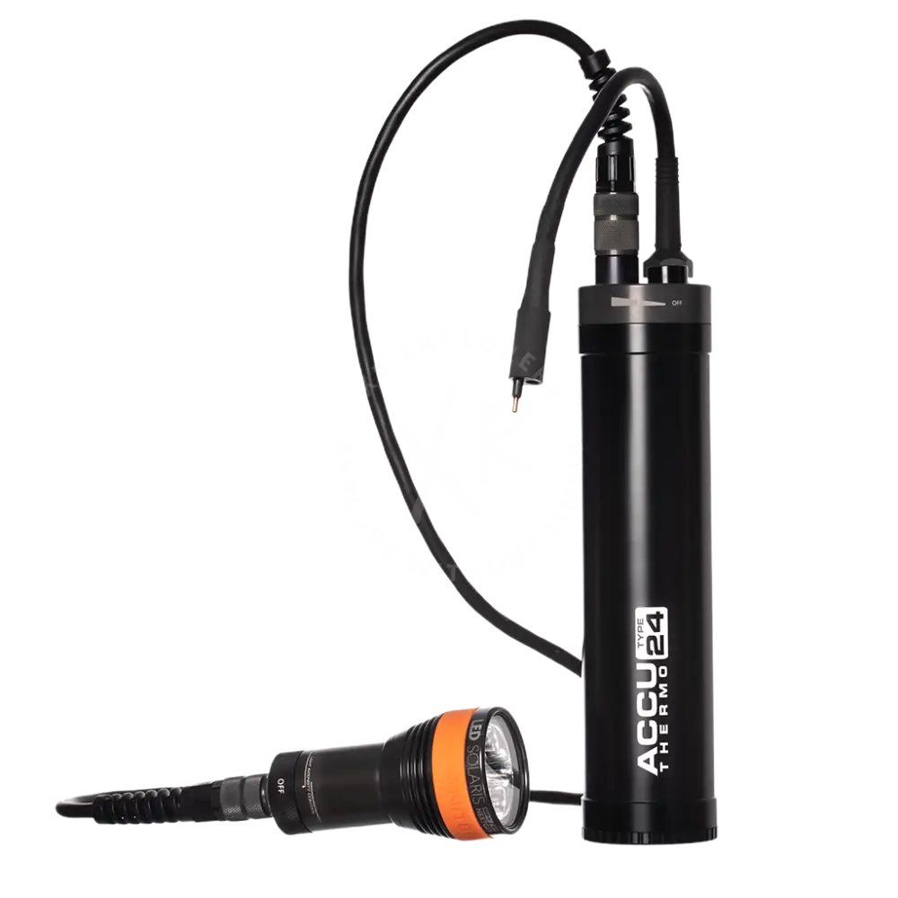 Black cylindrical accu-thermo 24 underwater torch with orange accent ring and attached flexible cable in LED SOLARIS NextGen KIT