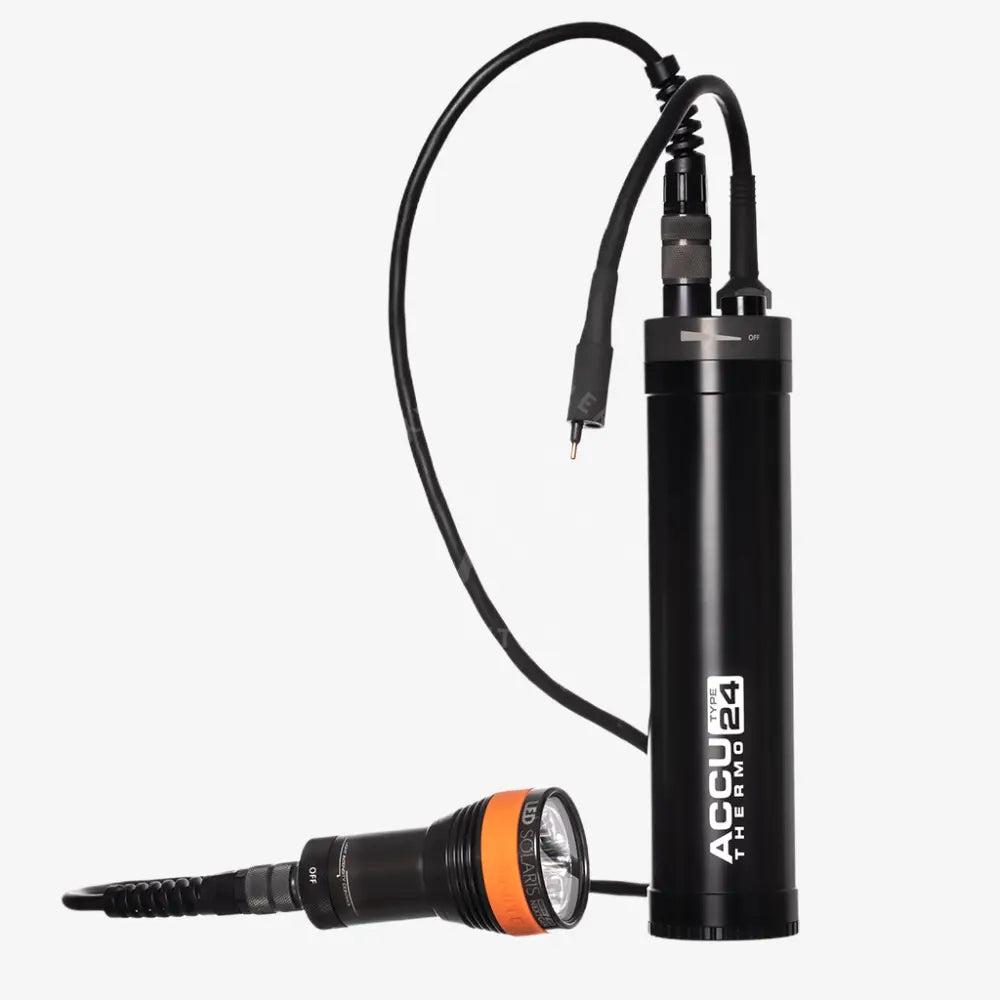 Black cylindrical accu-thermo 24 underwater torch with orange accent ring and attached flexible cable in LED SOLARIS NextGen KIT