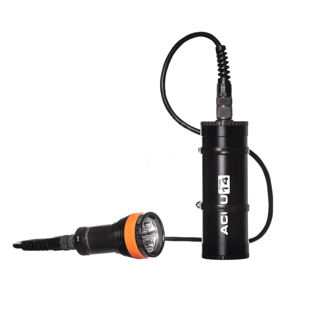 Black and orange led solaris nextgen kit underwater diving light system with cylindrical acu 14 battery pack