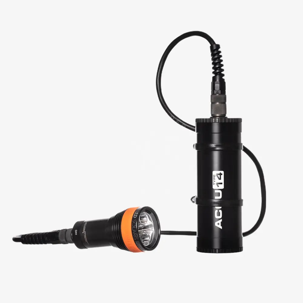 Black and orange led solaris nextgen kit underwater diving light system with cylindrical acu 14 battery pack