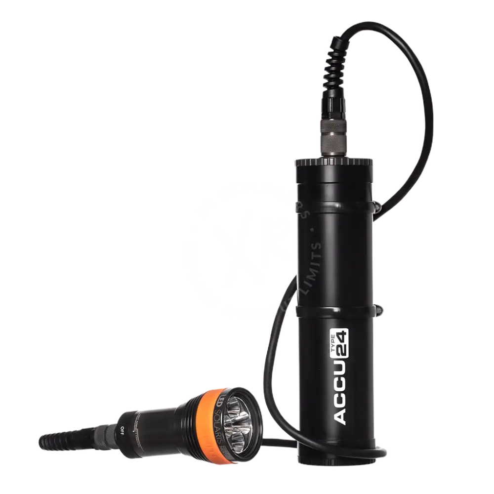 Black and orange led solaris nextgen kit underwater diving flashlight with coiled cable and accu type 24 branding
