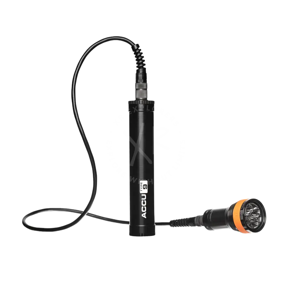 Black accu type 9 underwater flashlight with flexible coiled cable and orange led head in led solaris nextgen kit