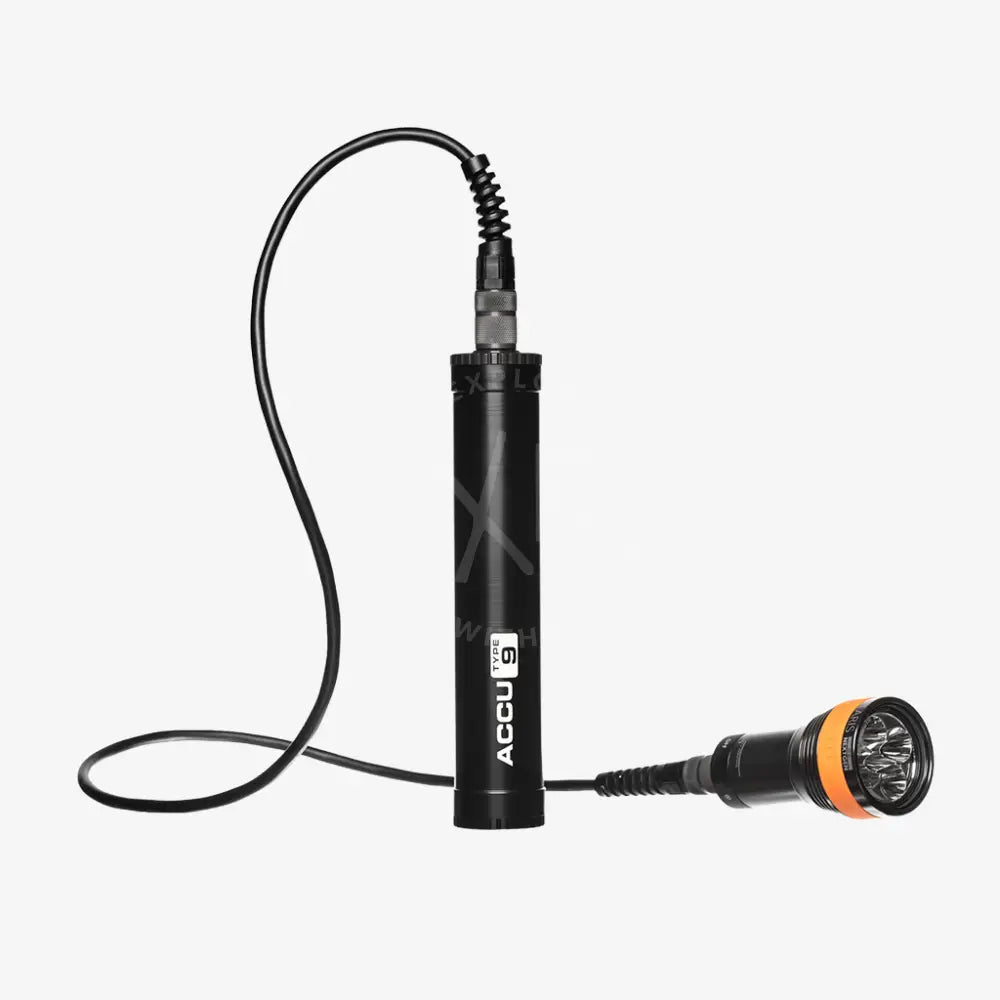 Black accu type 9 underwater flashlight with flexible coiled cable and orange led head in led solaris nextgen kit