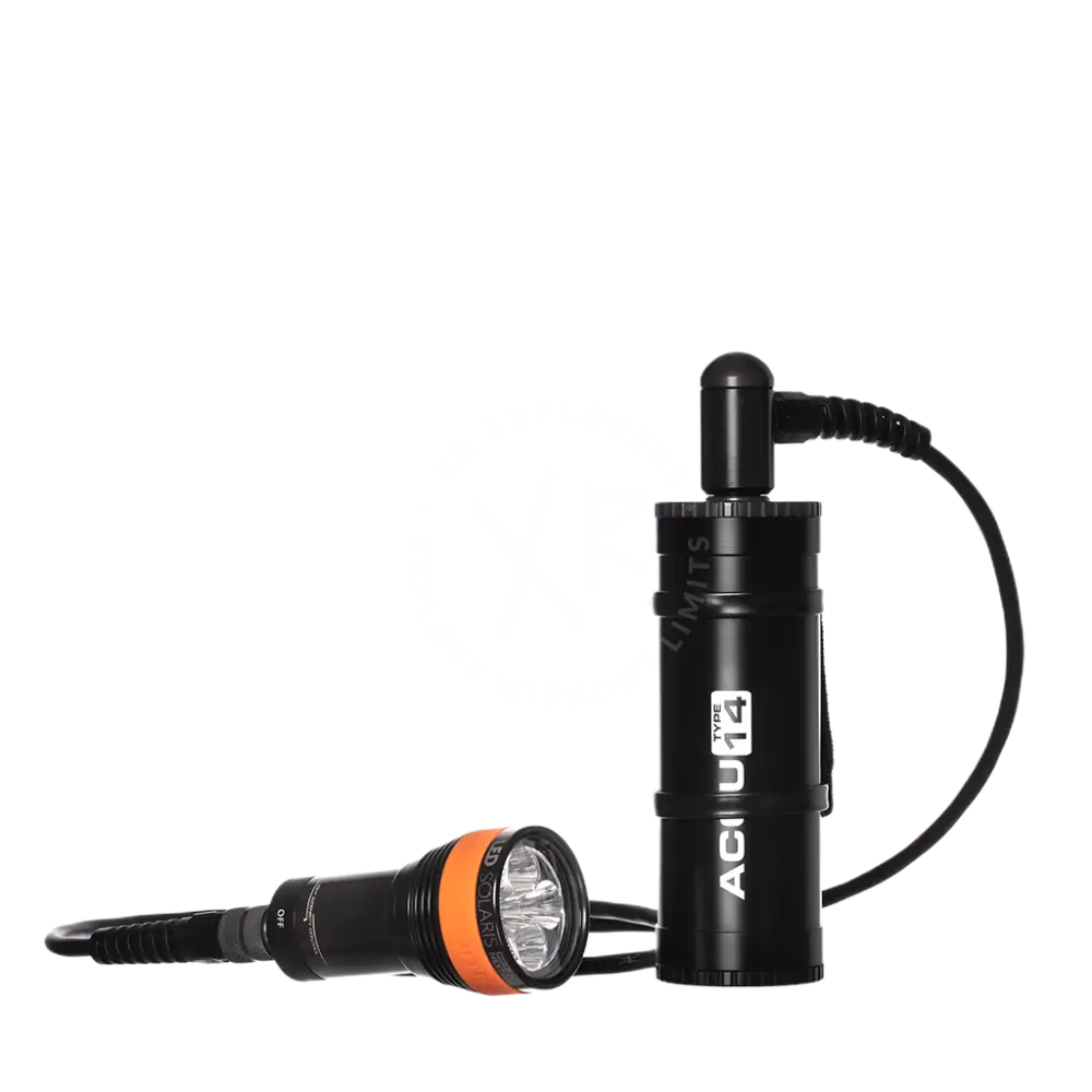 Black and orange LED SOLARIS NextGen KIT underwater diving flashlight with cylindrical acu14 battery pack visible