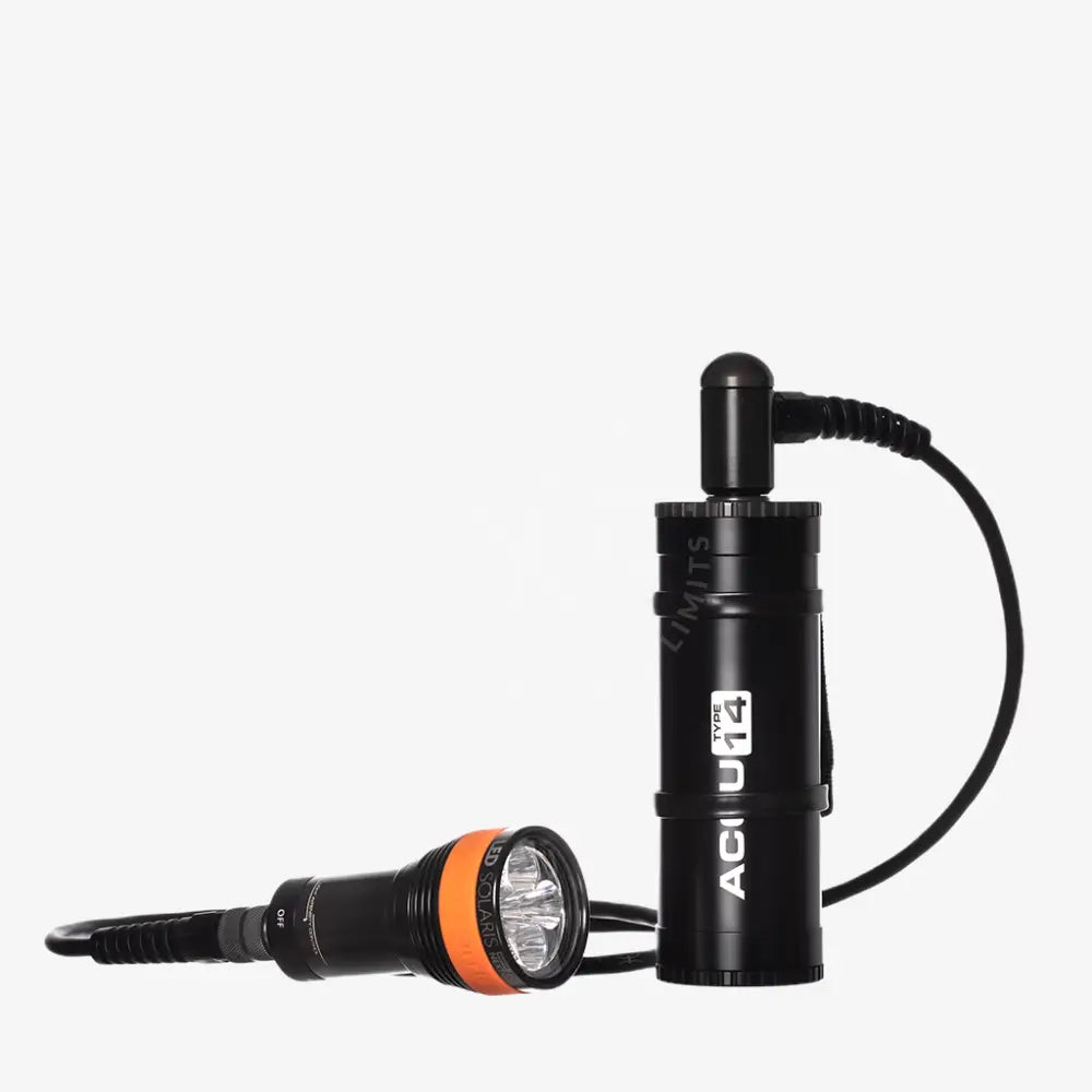 Black and orange LED SOLARIS NextGen KIT underwater diving flashlight with cylindrical acu14 battery pack visible