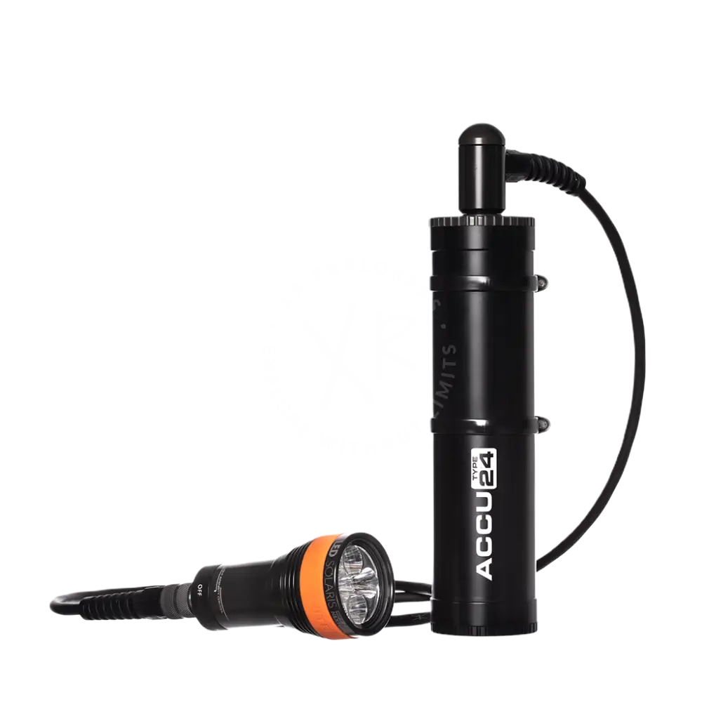 Black and orange underwater diving flashlight with cylindrical housing and accu24 type 24 branding in led solaris nextgen kit