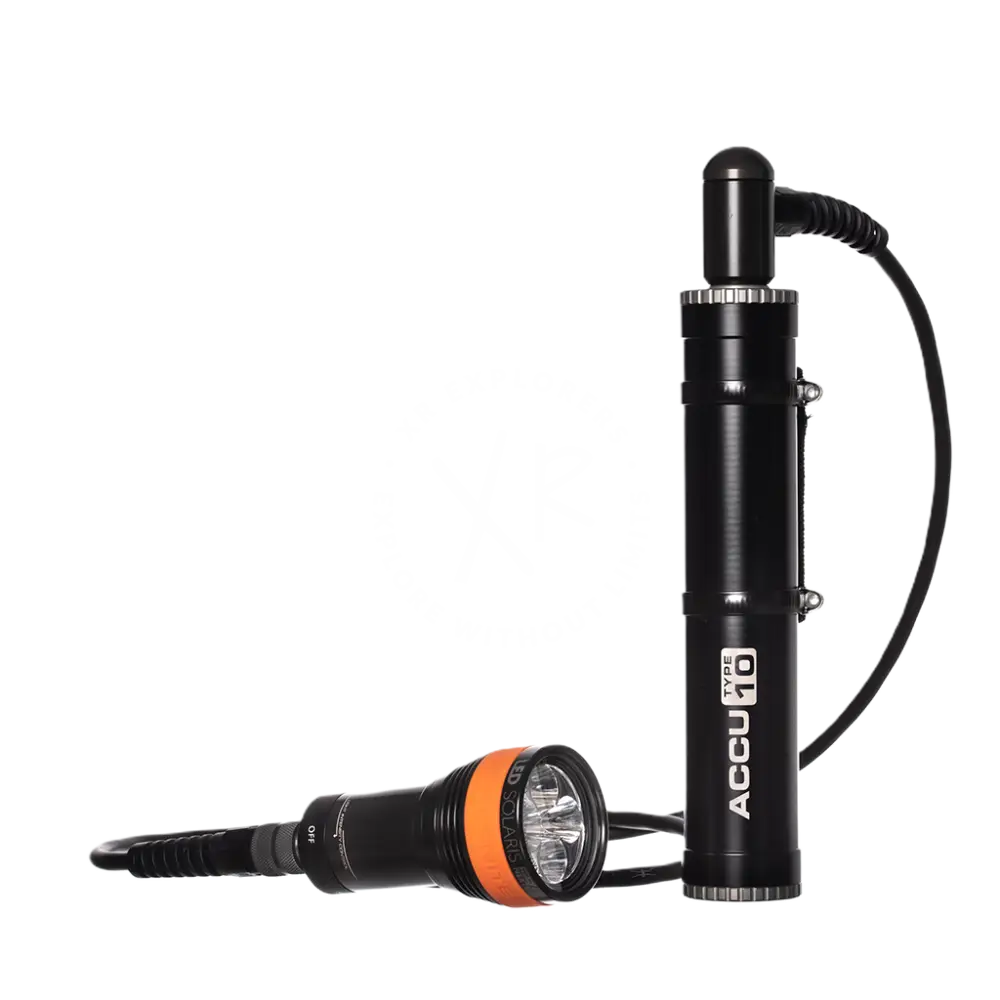 Black and orange accu type 10 underwater flashlight with coiled cable in led solaris nextgen kit for diving use