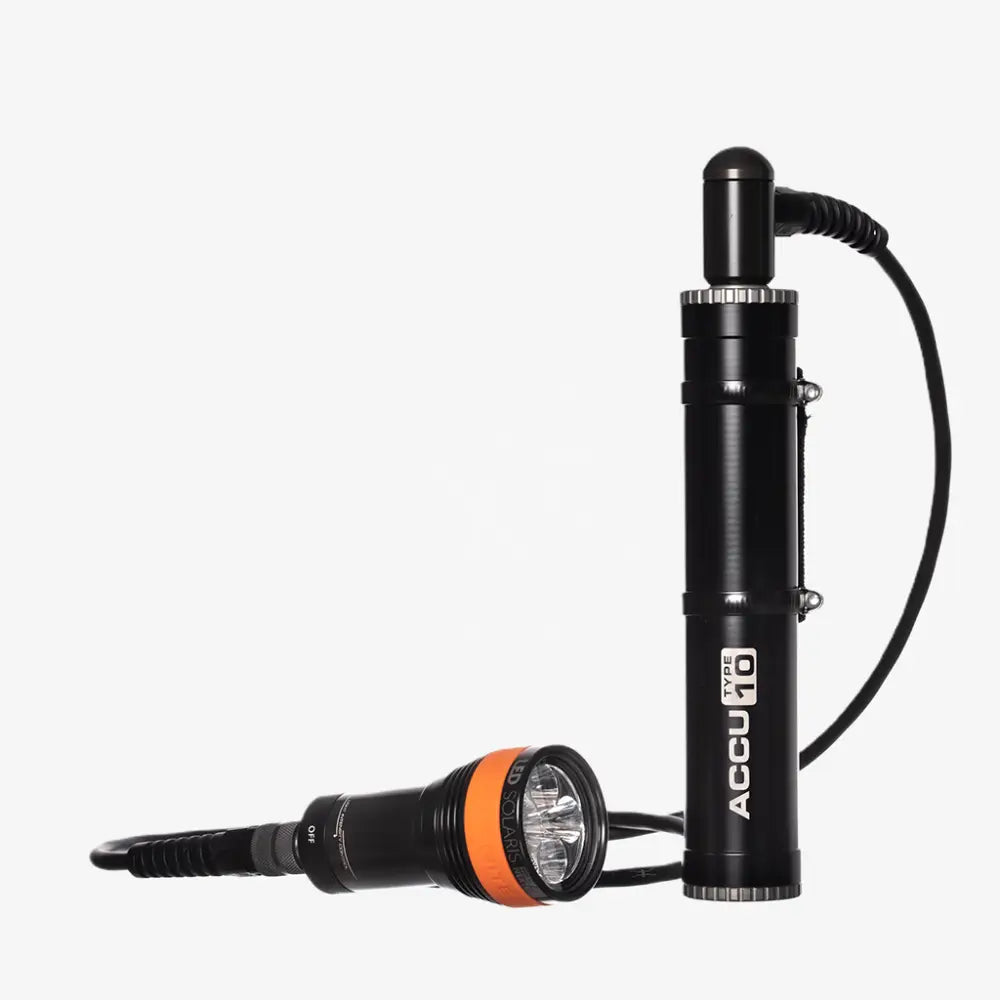 Black and orange accu type 10 underwater flashlight with coiled cable in led solaris nextgen kit for diving use