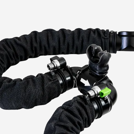 Long protective hose sleeves with Liberty and Divesoft logos for sidemount loop
