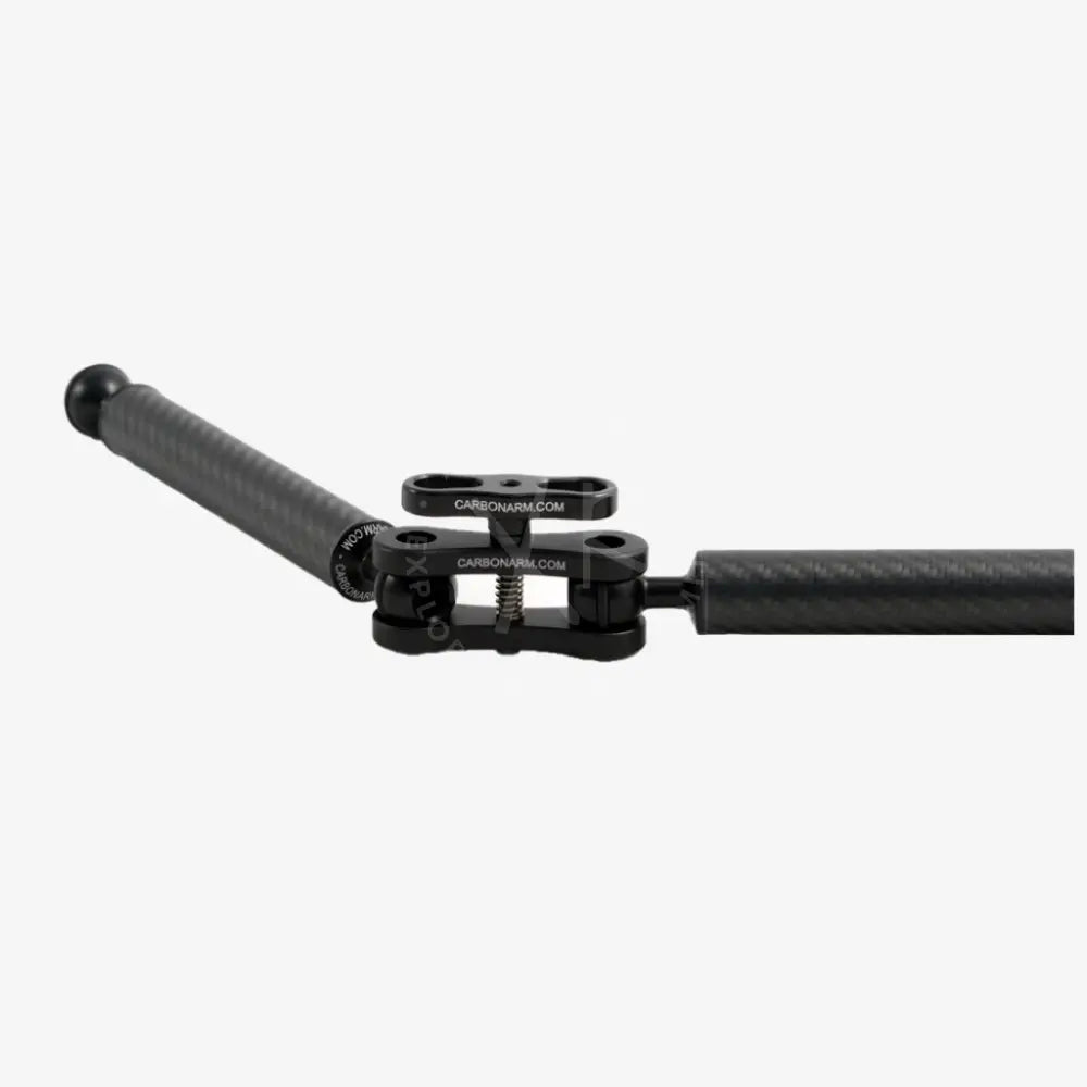 Black carbon fiber camera stabilizer arm long clamp with adjustable clamp and threaded connectors for secure mounting