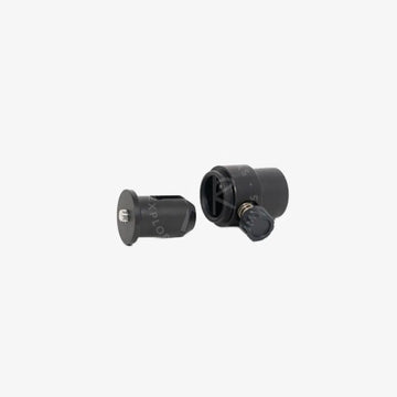 Black camera tripod ball head adapter with knurled knob and threaded male-female quick release combination