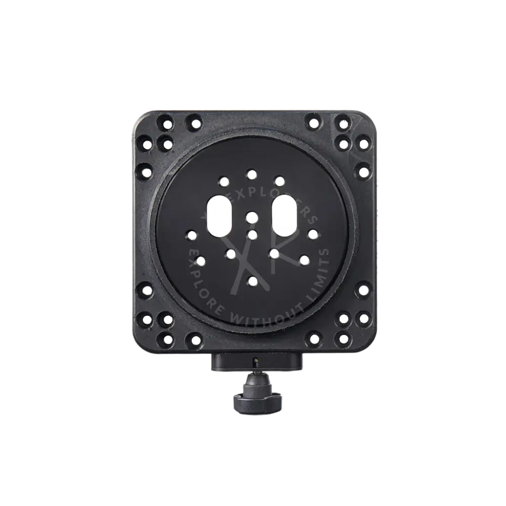 Black square metal moby camera mount with circular center plate, multiple mounting holes, and perimeter screw holes