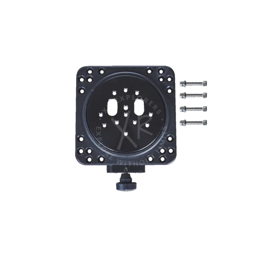 Black metal moby camera mount with circular center plate and four mounting screws for secure attachment