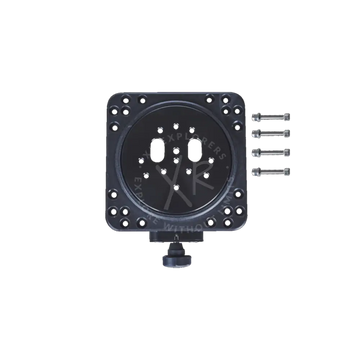 Black metal moby camera mount with circular center plate and four mounting screws for secure attachment