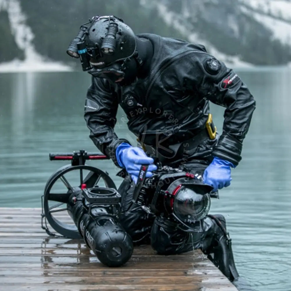 Black waterproof diving suit with integrated helmet and gloves featuring moby camera mount for underwater use