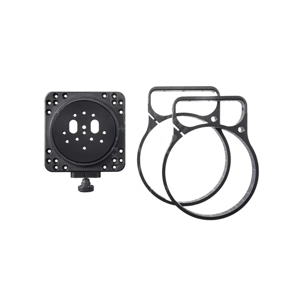 Black metal moby camera mount with circular plate and adjustable rings for secure camera positioning