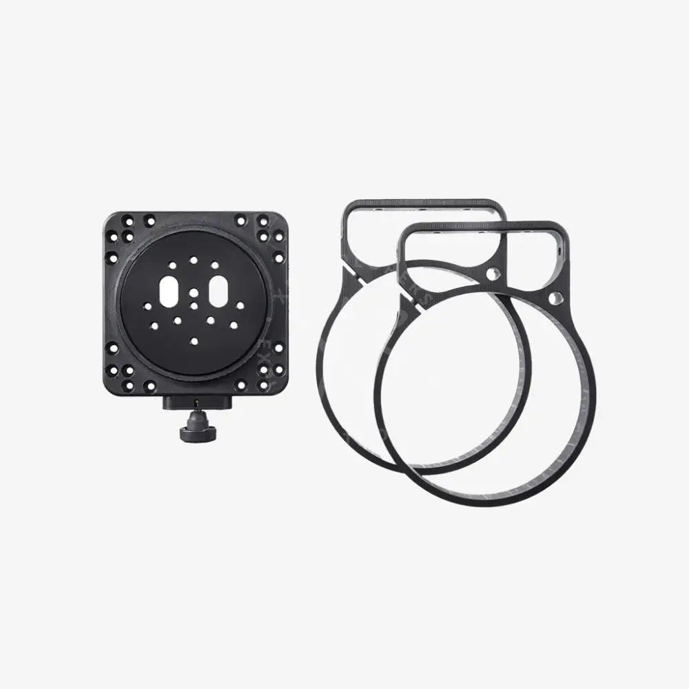 Black metal moby camera mount with circular plate and adjustable rings for secure camera positioning