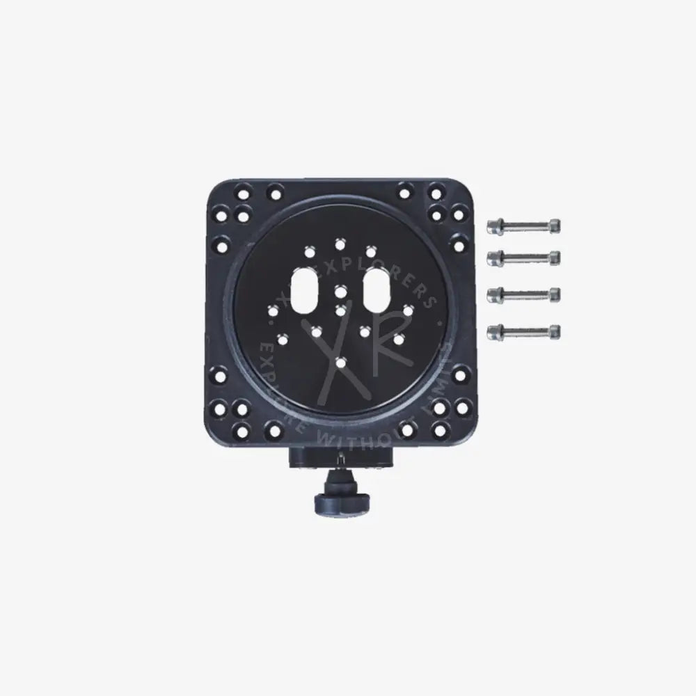 Black metal moby camera mount with circular center plate and four mounting screws for secure attachment