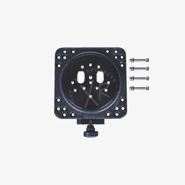Black metal moby camera mount with circular center plate and four mounting screws for secure attachment
