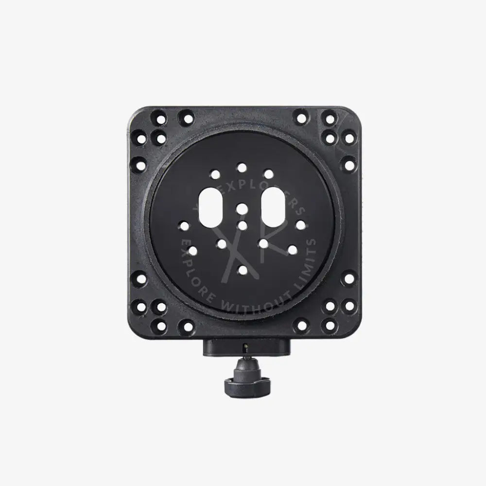 Black square metal moby camera mount with circular center plate, multiple mounting holes, and perimeter screw holes