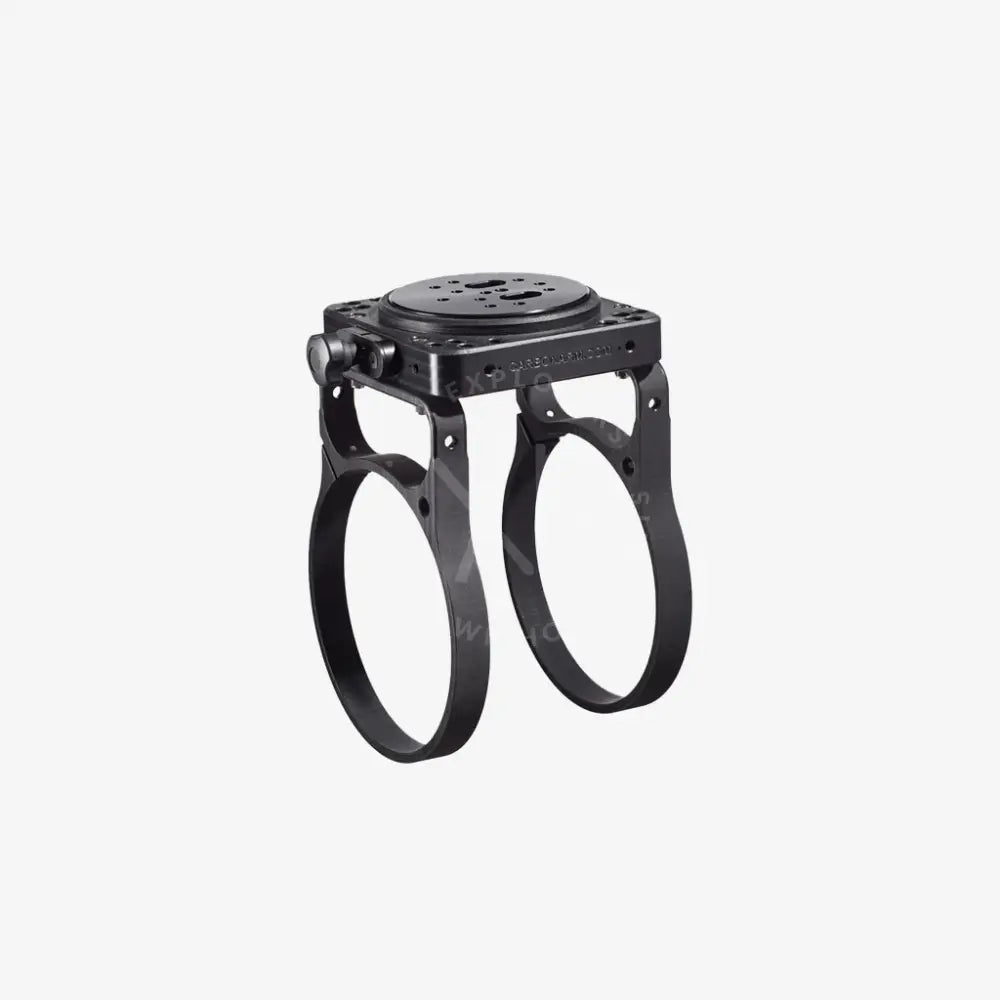 Black metal moby camera mount tripod mount with two adjustable rings and central plate for secure camera attachment