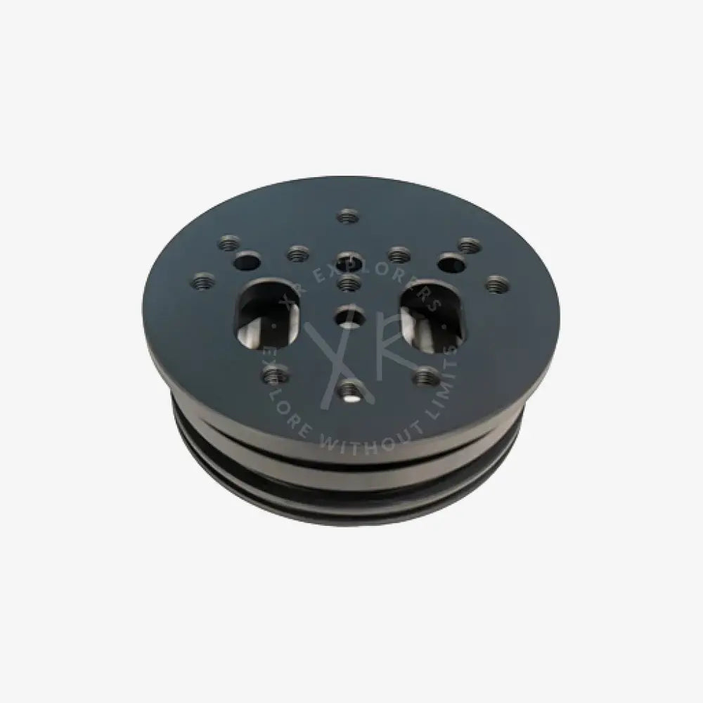 Black metal pulley with multiple holes and slots used as a rotating plate spare part for moby products