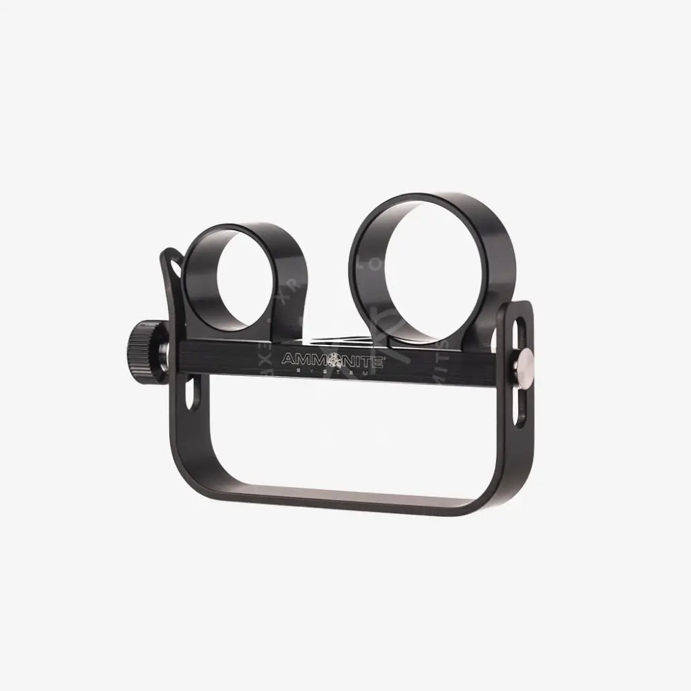 Black metal ammonite system scope mount with two circular rings and adjustment knobs for modular Goodman handle