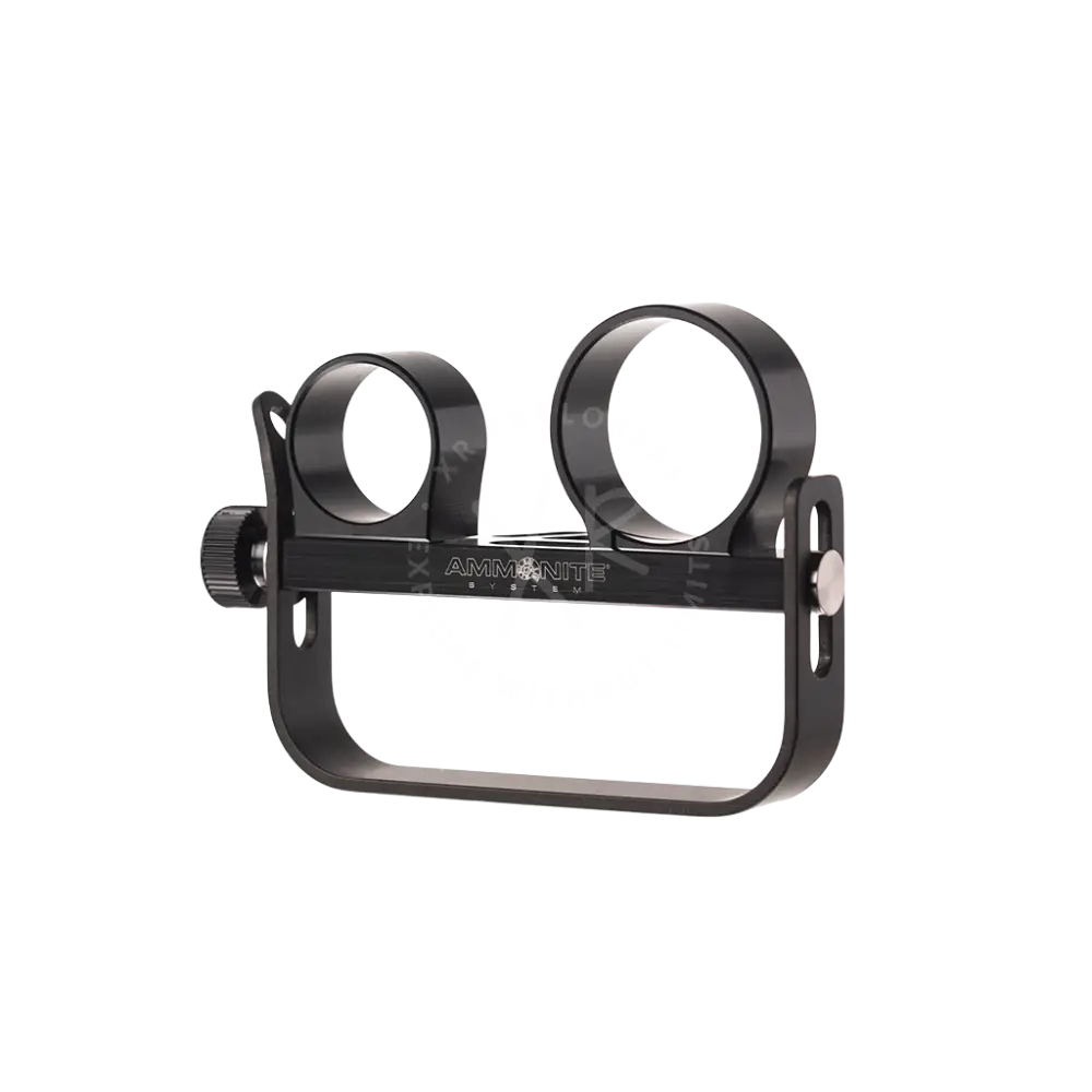 Black metal ammonite system scope mount with two circular rings and adjustment knobs for modular Goodman handle