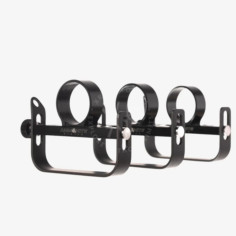 Black ammonite system bicycle water bottle cage with three circular holders and silver-toned adjustment knobs
