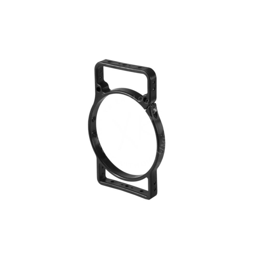 Black metal multipurpose transport bracket camera cage with rectangular top handle and circular central opening