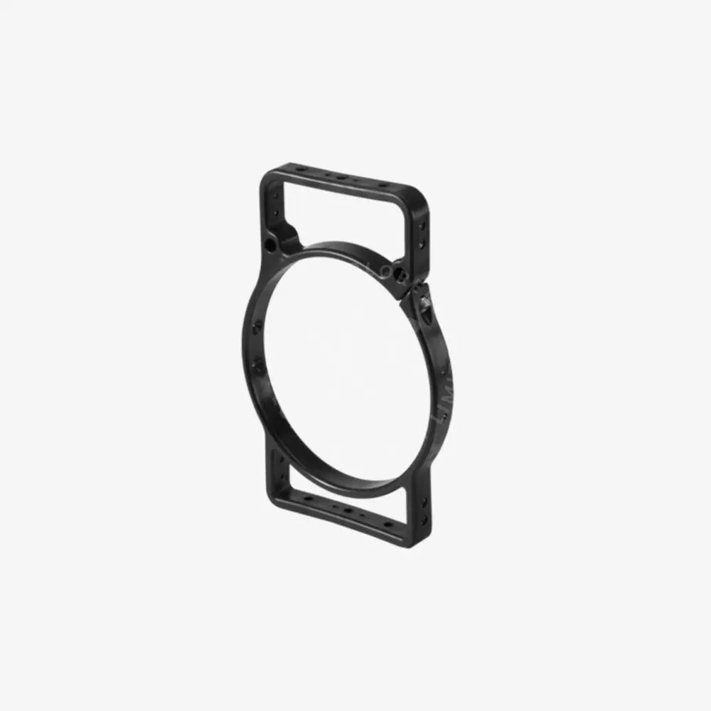 Black metal multipurpose transport bracket camera cage with rectangular top handle and circular central opening