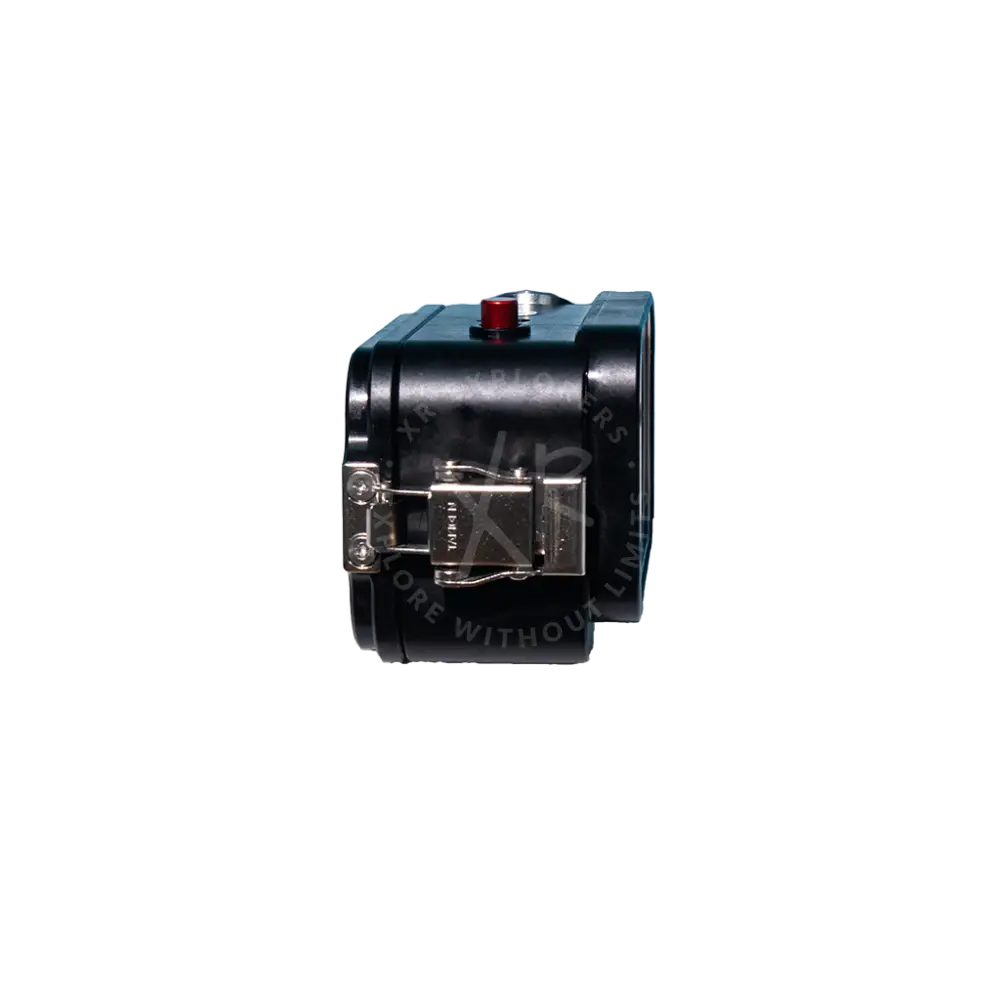 Black rectangular Osmo Action camera device with silver latch and red button on top for easy control