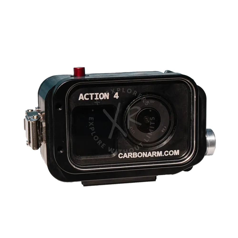 Black waterproof housing for osmo action 4 camera with red button and silver accents for underwater use