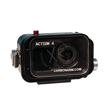 Black waterproof housing for osmo action 4 camera with red button and silver accents for underwater use