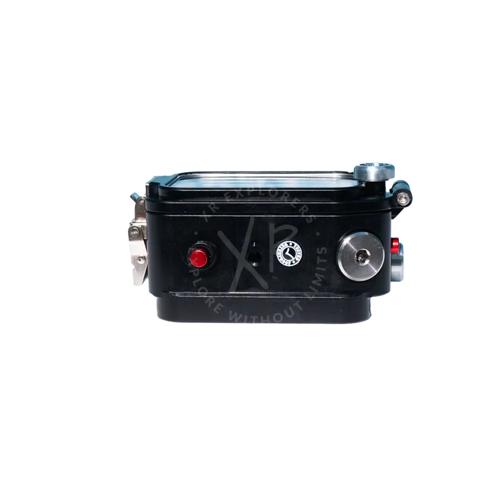 Black waterproof housing for Osmo Action with silver accents red button and circular dial for protection and control