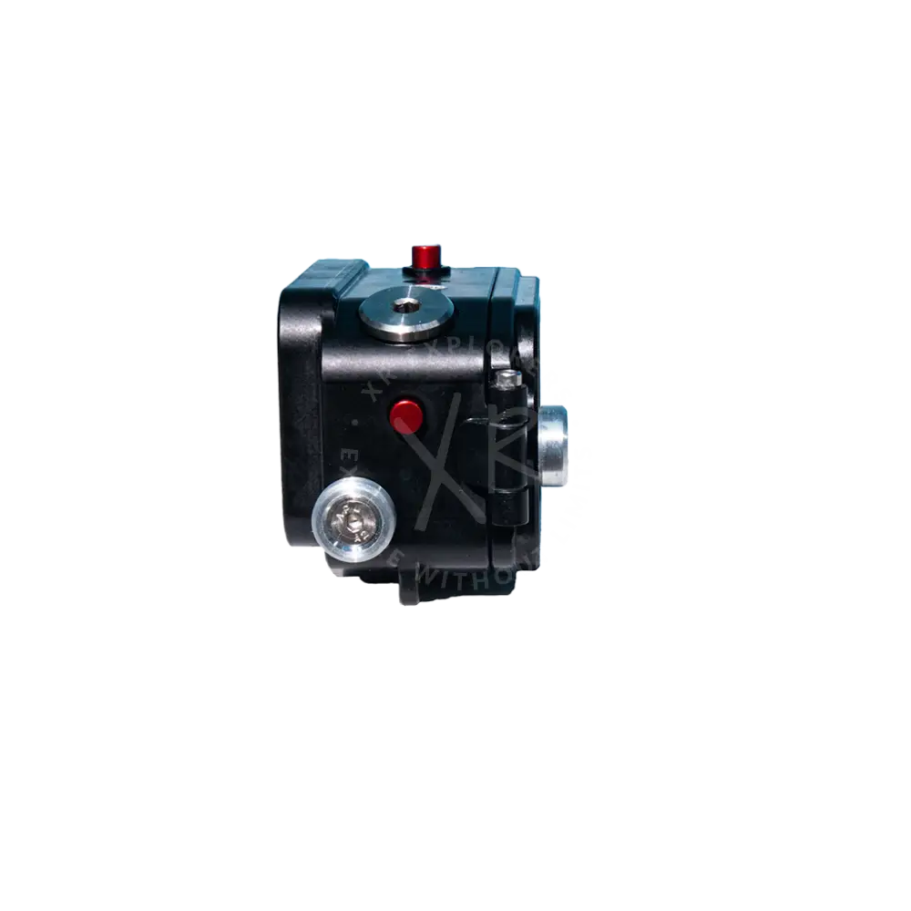 Black osmo action compact camera with red buttons and silver accents shown from the back side