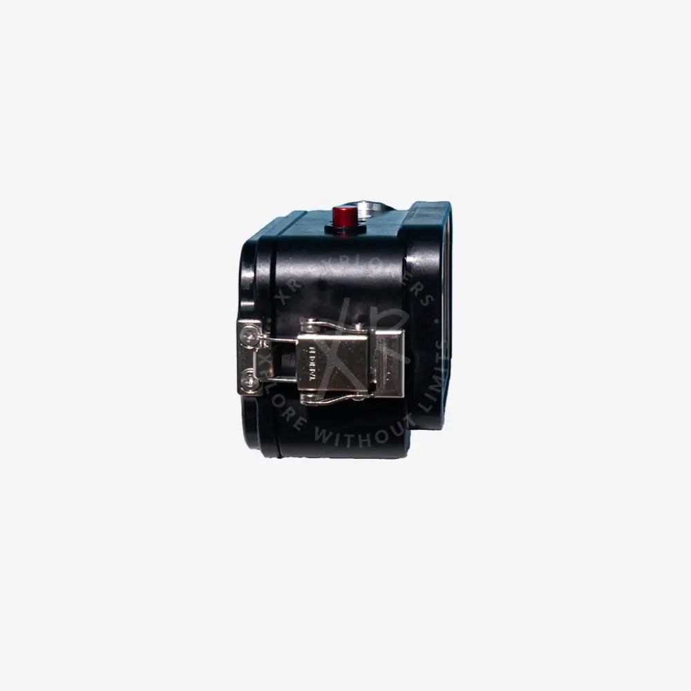 Black rectangular Osmo Action camera device with silver latch and red button on top for easy control