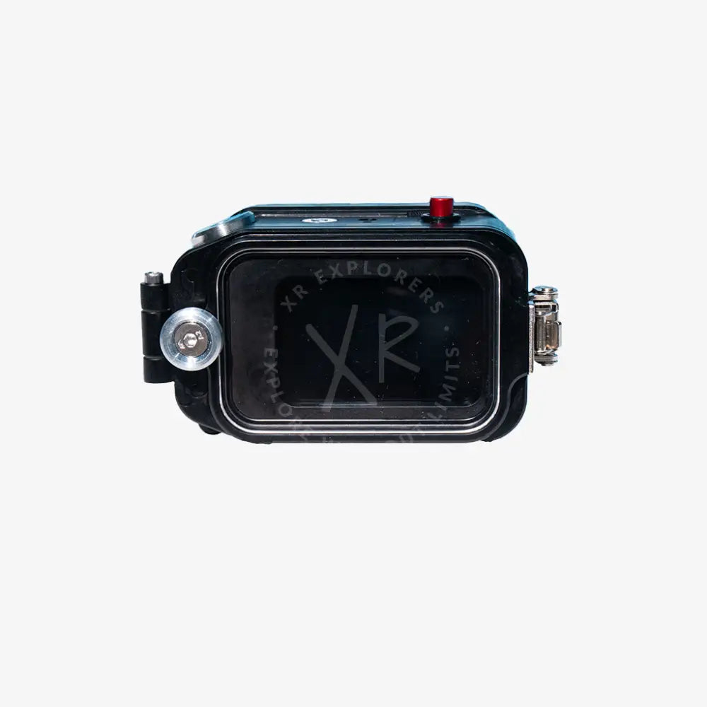 Black waterproof osmo action camera housing with clear front panel silver metal latches and red button on top