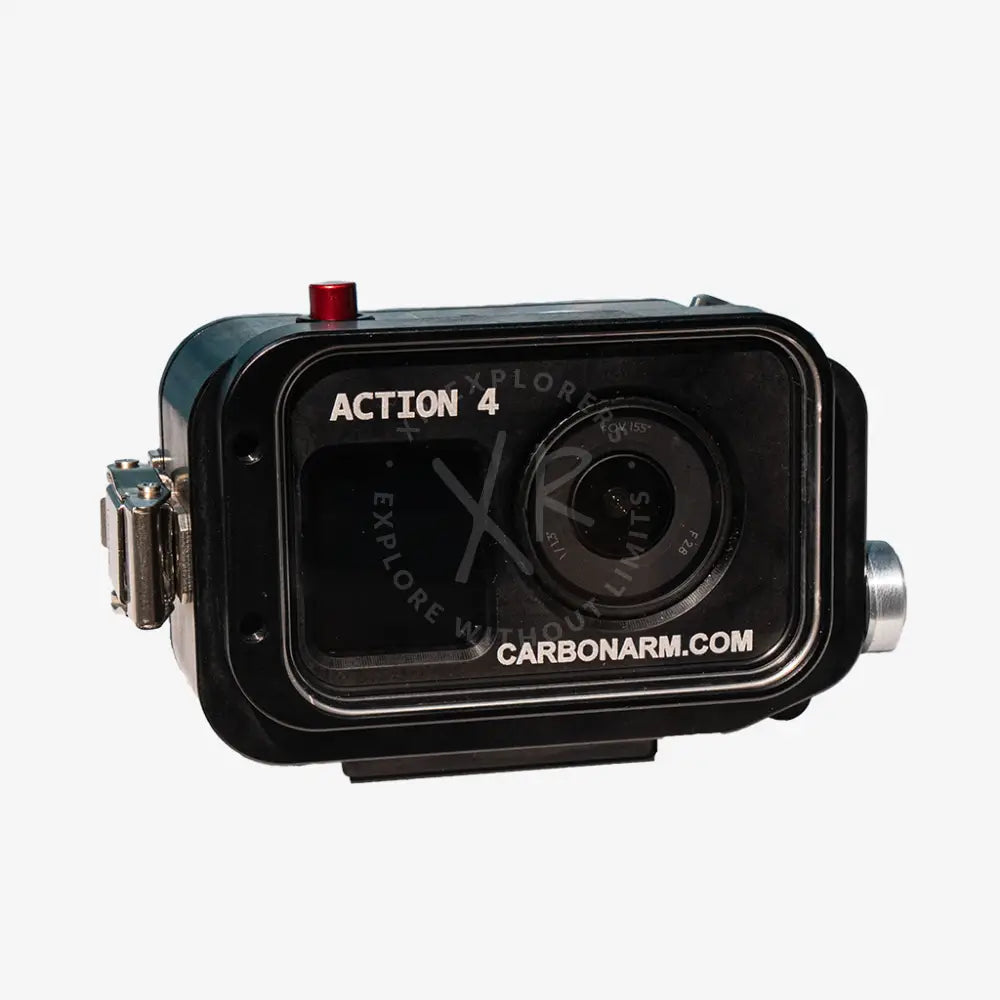 Black waterproof housing for osmo action 4 camera with red button and silver accents for underwater use