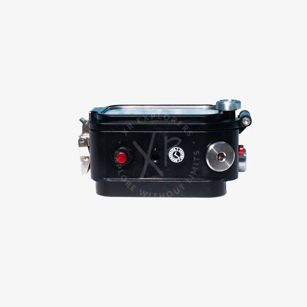 Black waterproof housing for Osmo Action with silver accents red button and circular dial for protection and control