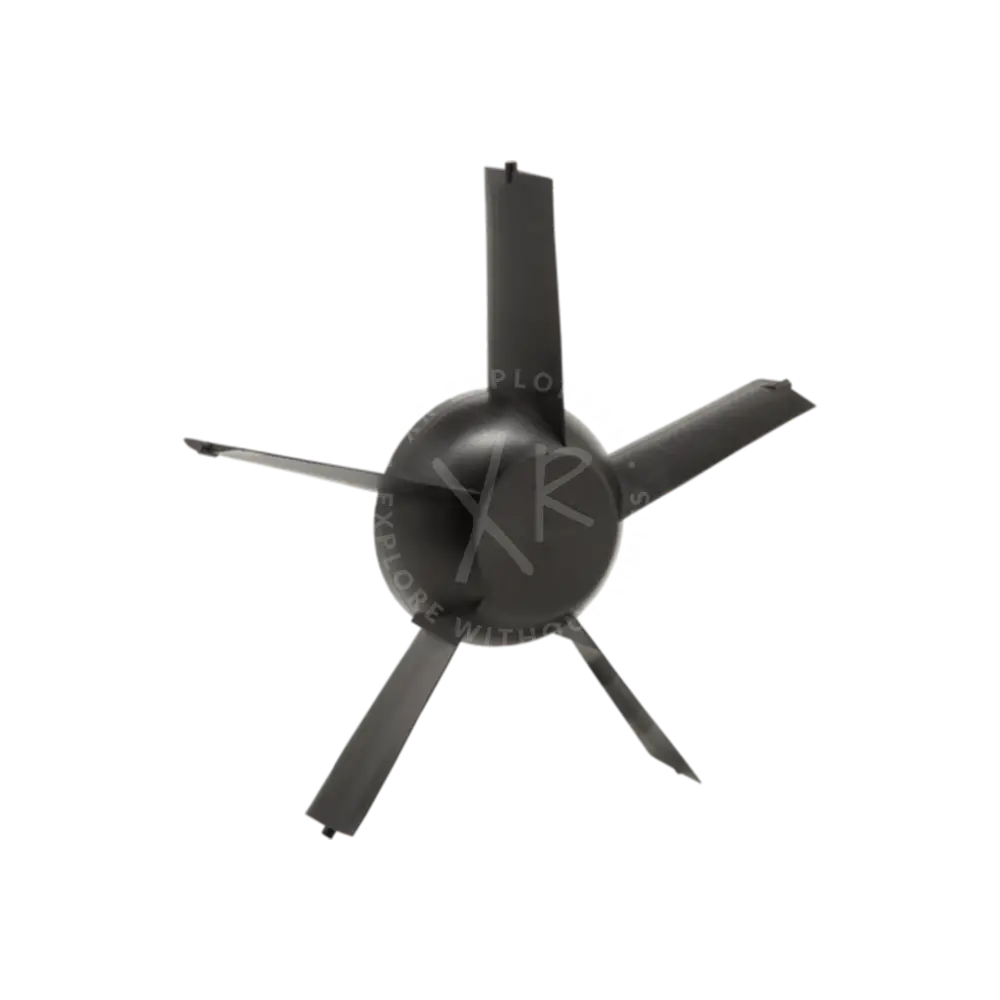 Gray metallic post-swirl stator ceiling fan with five blades and central hub for efficient airflow control