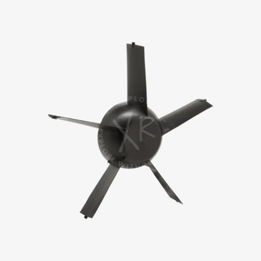 Gray metallic post-swirl stator ceiling fan with five blades and central hub for efficient airflow control