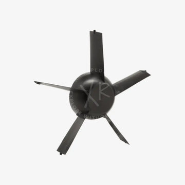 Gray metallic post-swirl stator ceiling fan with five blades and central hub for efficient airflow control